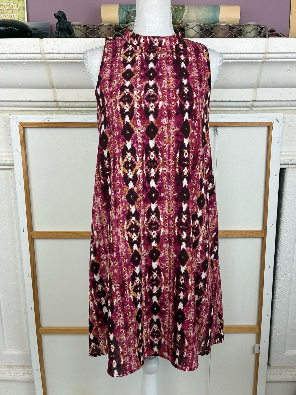 Everly Sleeveless Mini Dress in Magenta and Black Ikat